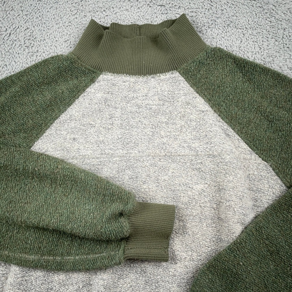 Prana Sweater Womens Small Green Gray Mock Neck Raglan Fleece Pullover Cozy